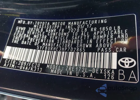 2017 Toyota Corolla Se from USA, damaged, VIN 5YFBURHE3HP702865